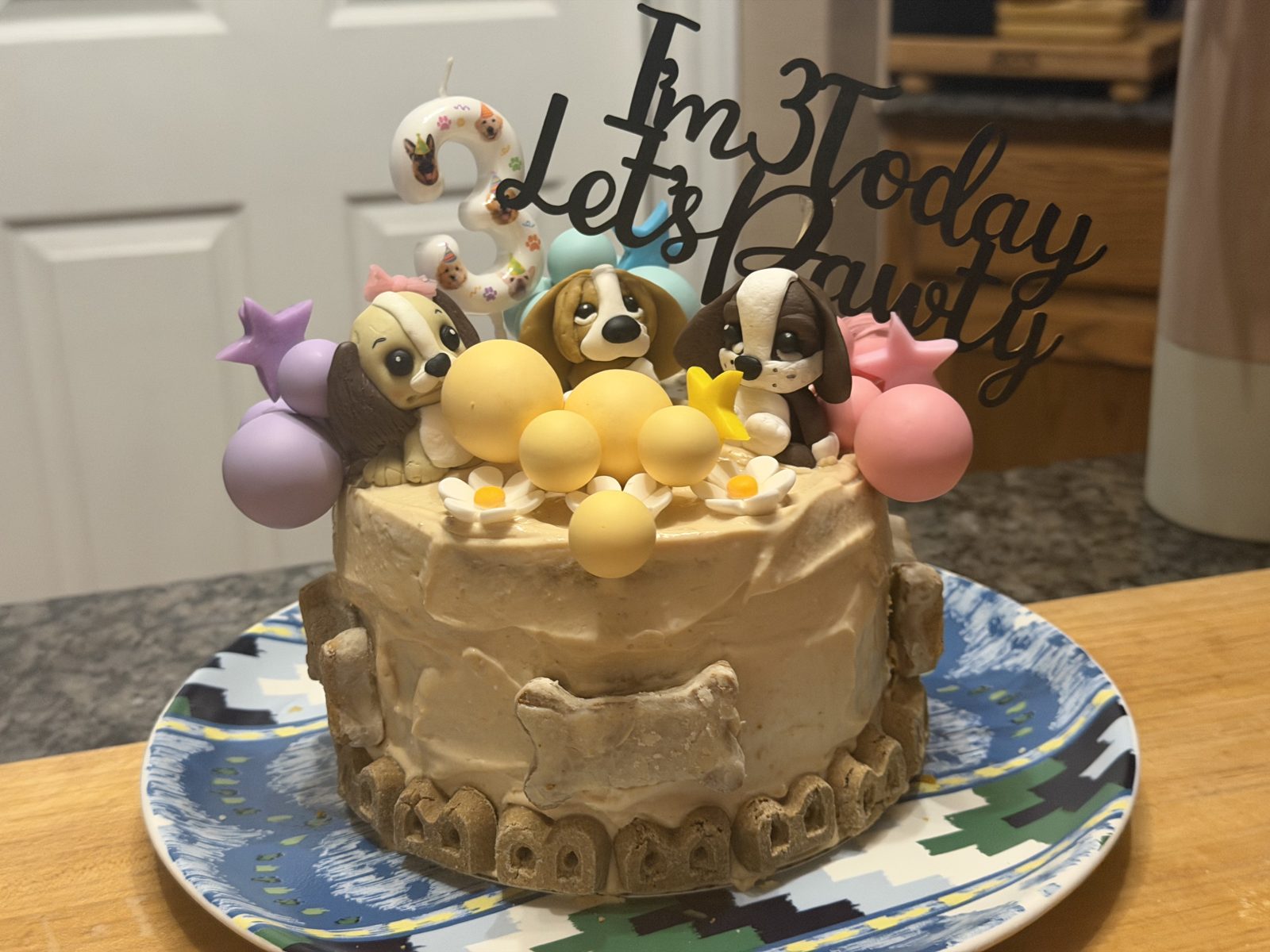 Dog birthday cake with bone biscuit border and Let's Pawty topper
