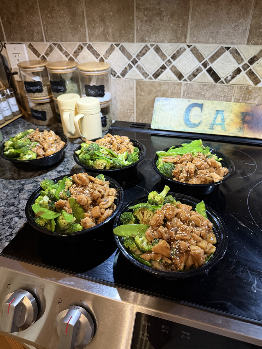 Sesame Chicken and Broccoli Bowls batch cooked for lunch delivery